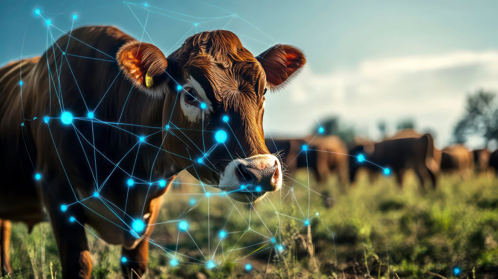 A tagged cow with an overlaid data-network graphic representing identification and tracking